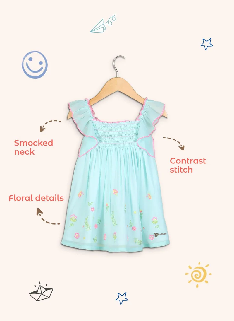 Nautinati Girls' Georgette Floral Embroidered Smocked A-Line Dress